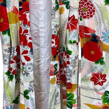 Vintage 60s 70s Yellow Red Green Silk Floral Komon Showa Kimono 8 10 S