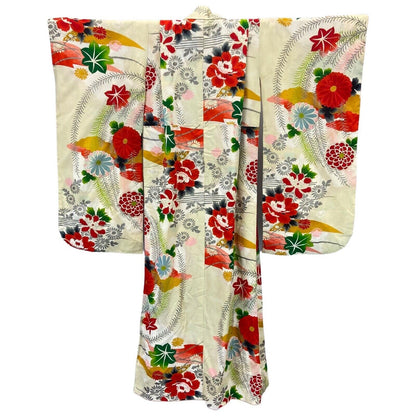 Vintage 60s 70s Yellow Red Green Silk Floral Komon Showa Kimono 8 10 S