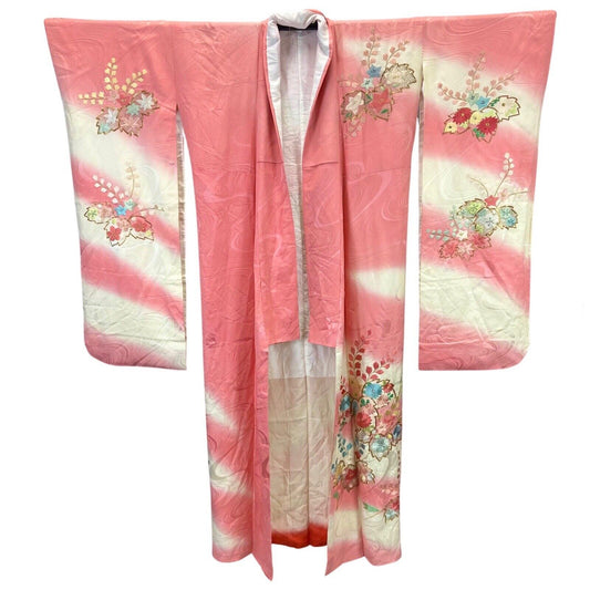 Vintage 60s 70s Pink Cream Silk Embroidered Floral Komon Showa Kimono 16 L
