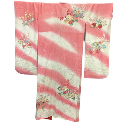 Vintage 60s 70s Pink Cream Silk Embroidered Floral Komon Showa Kimono 16 L