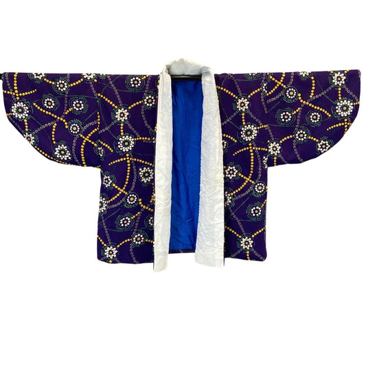 Vintage  70s 80s Purple Yellow Geometric Floral Komon Haori Kimono 16 18 L