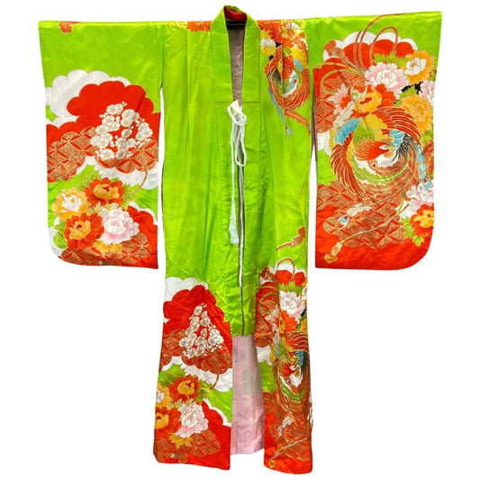 Vintage 70s 80s Green Red Orange Silk Embroiderd Floral Komon Showa Kimono 8 S