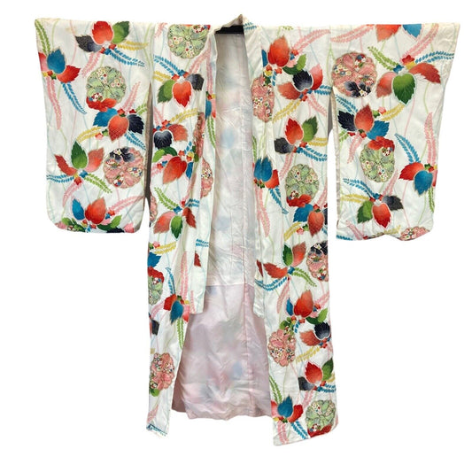 Vintage 60s 70s White Green Pink Silk Floral Komon Showa Kimono 8 10 S