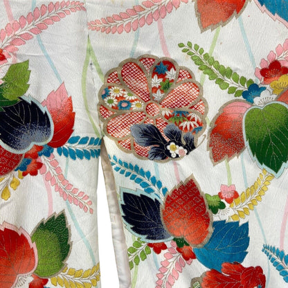 Vintage 60s 70s White Green Pink Silk Floral Komon Showa Kimono 8 10 S
