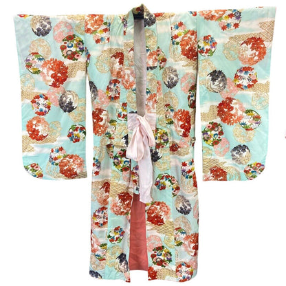 Vintage 70s 80s Blue Pink Gold Silk Floral Geometric Komon Kimono 12 14 M