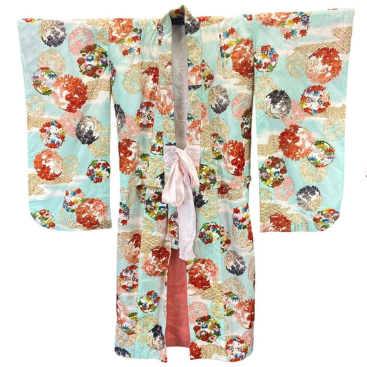 Vintage 70s 80s Blue Pink Gold Silk Floral Geometric Komon Kimono 12 14 M