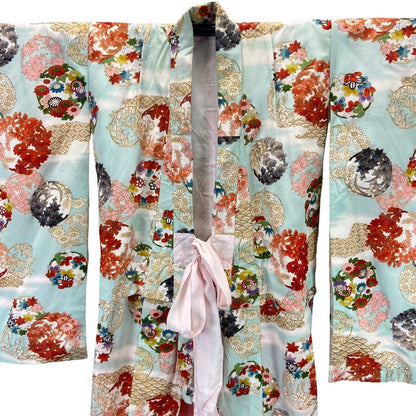 Vintage 70s 80s Blue Pink Gold Silk Floral Geometric Komon Kimono 12 14 M