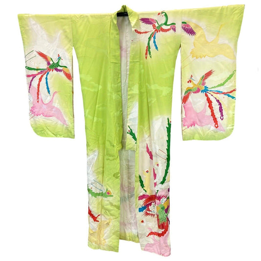 Vintage 70s 80s Green Silk Floral Bird Cloud Pattern Komon Showa Kimono 16 18 L