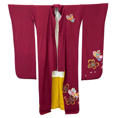 Vintage 70s 80s Burgundy Red Yellow Pattered Kimono XL