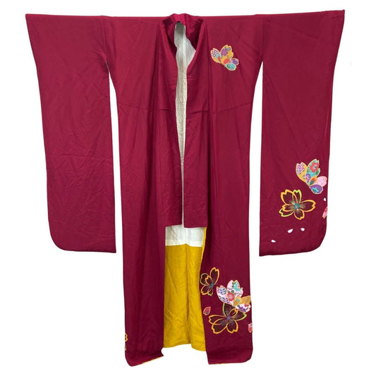 Vintage 70s 80s Burgundy Red Yellow Pattered Kimono XL