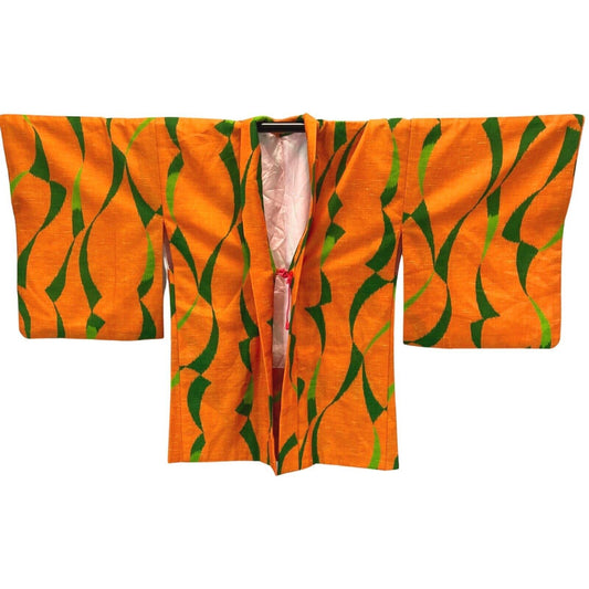 Vintage 80s 90s Orange Green Geometric Pattern Komon Haori Kimono 12 M