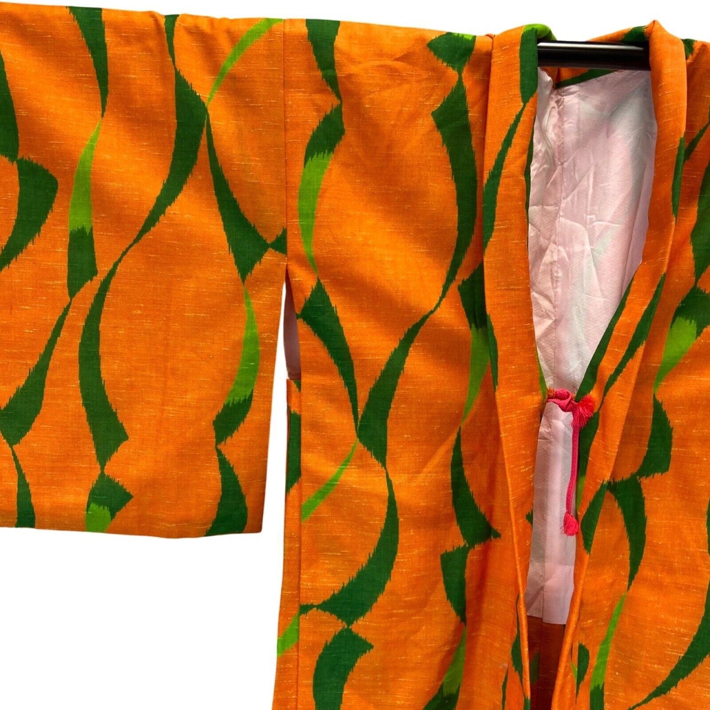 Vintage 80s 90s Orange Green Geometric Pattern Komon Haori Kimono 12 M