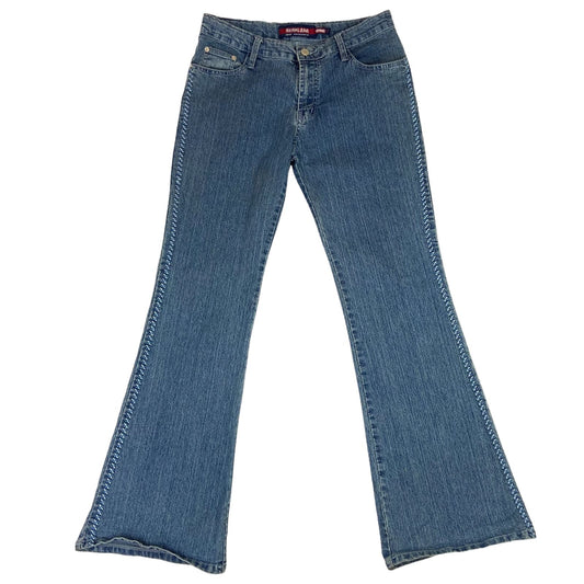 Vintage 90s Y2K Blue Washed Denim Embroidered Flared Mid Rise Jeans 12 14 M