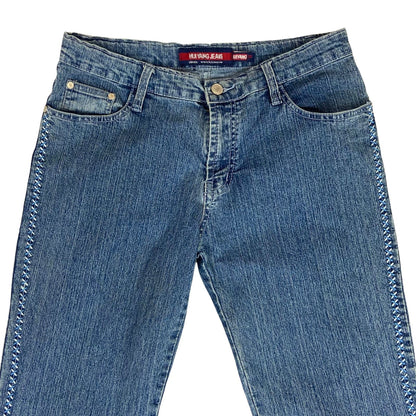 Vintage 90s Y2K Blue Washed Denim Embroidered Flared Mid Rise Jeans 12 14 M
