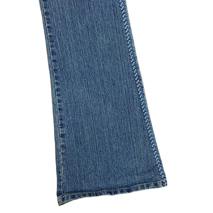 Vintage 90s Y2K Blue Washed Denim Embroidered Flared Mid Rise Jeans 12 14 M