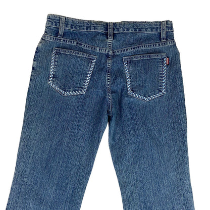 Vintage 90s Y2K Blue Washed Denim Embroidered Flared Mid Rise Jeans 12 14 M