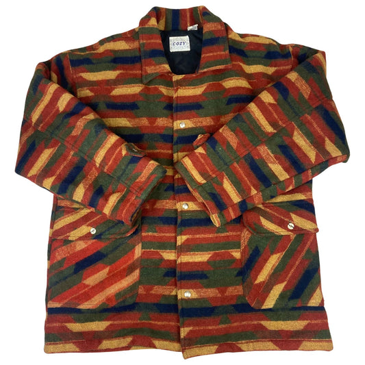 VTG 90s COZY WOOL AZTEC PATTERN BLANKET COAT JACKET NAVAJO STYLE 50” XXL
