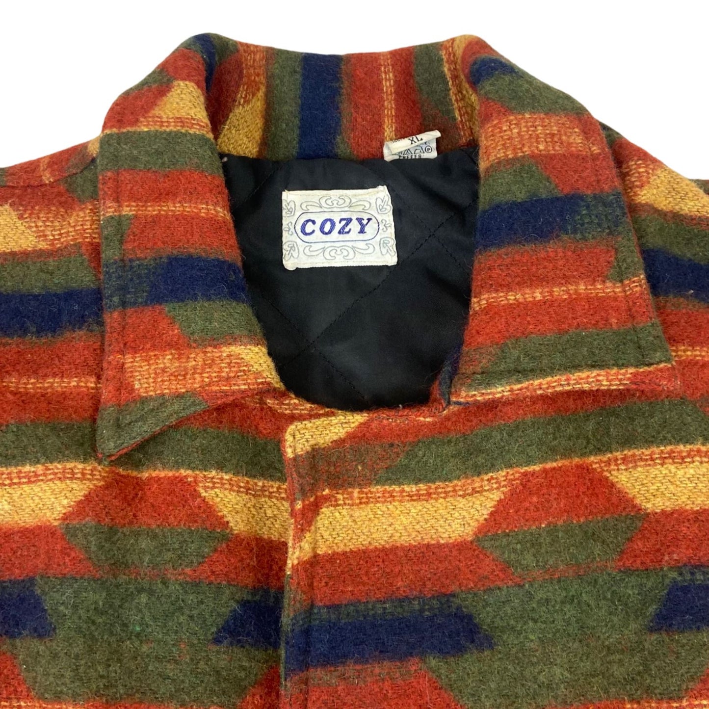 VTG 90s COZY WOOL AZTEC PATTERN BLANKET COAT JACKET NAVAJO STYLE 50” XXL