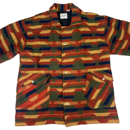 VTG 90s COZY WOOL AZTEC PATTERN BLANKET COAT JACKET NAVAJO STYLE 50” XXL