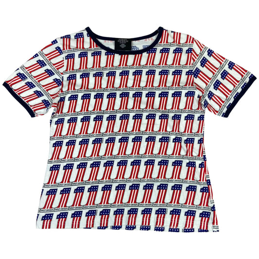 Preloved 2008 White Red Blue Harley Davidson Museum Graphic Flag Print T-shirt