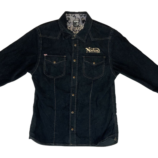 Vintage 90s 00s Black Norton Motorcycles Embroidered Corduroy Shirt S