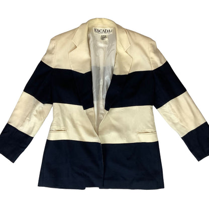 Vintage 80s Cream Black Escada Wool Silk Striped Blazer 12 14 M