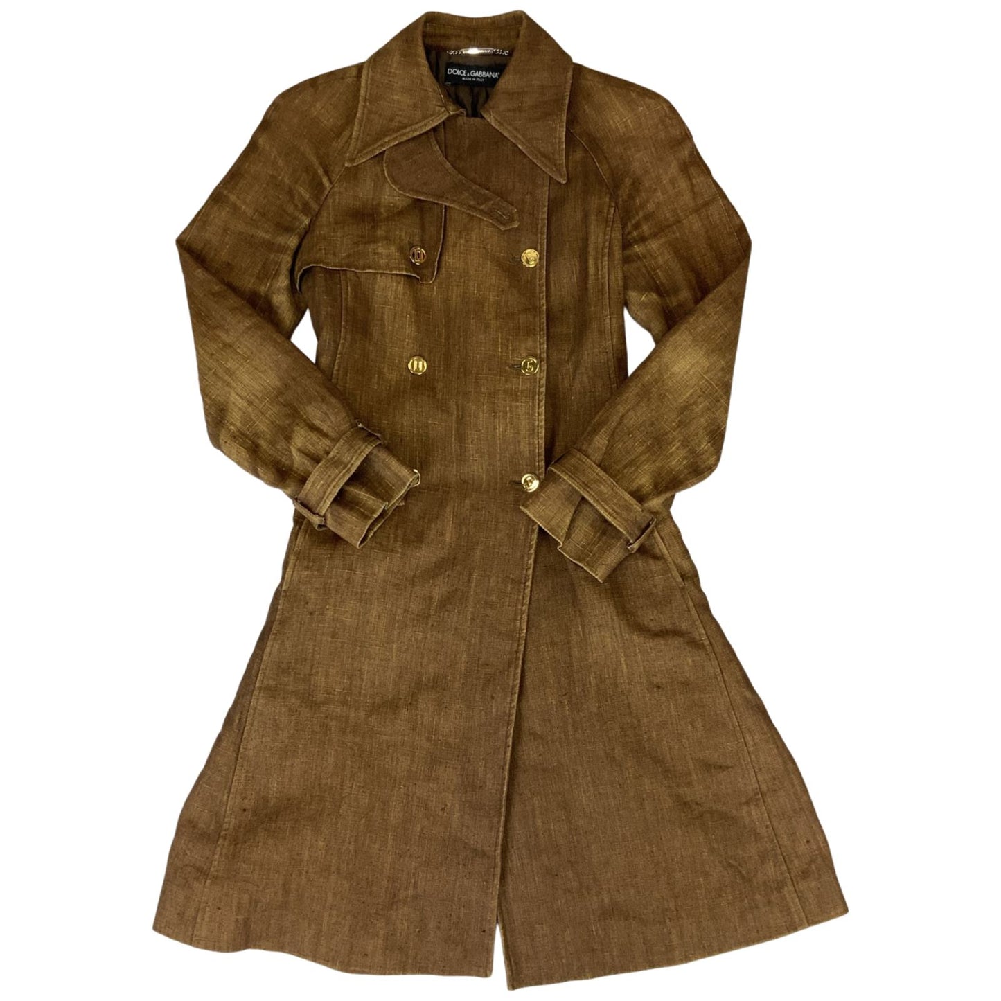 Vintage 90s 00s Brown Gold Dolce & Gabbana Linen Trench Coat 38 8 10 S