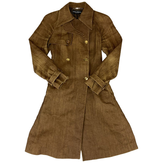 Vintage 90s 00s Brown Gold Dolce & Gabbana Linen Trench Coat 38 8 10 S
