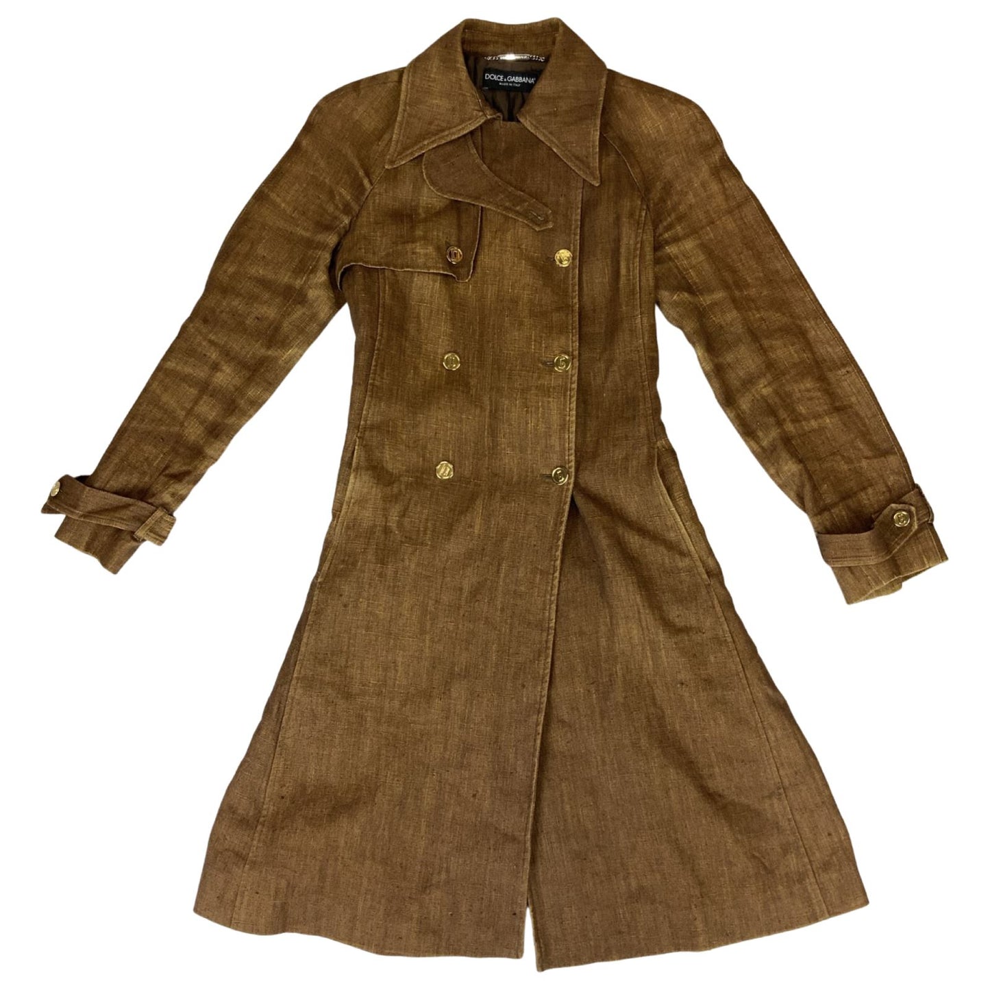 Vintage 90s 00s Brown Gold Dolce & Gabbana Linen Trench Coat 38 8 10 S