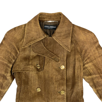Vintage 90s 00s Brown Gold Dolce & Gabbana Linen Trench Coat 38 8 10 S