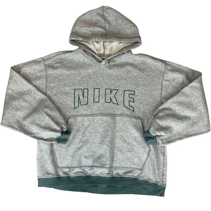 Vintage 90s Heather Grey Green Nike Spellout Embroidered Swoosh Hoodie Jumper XL