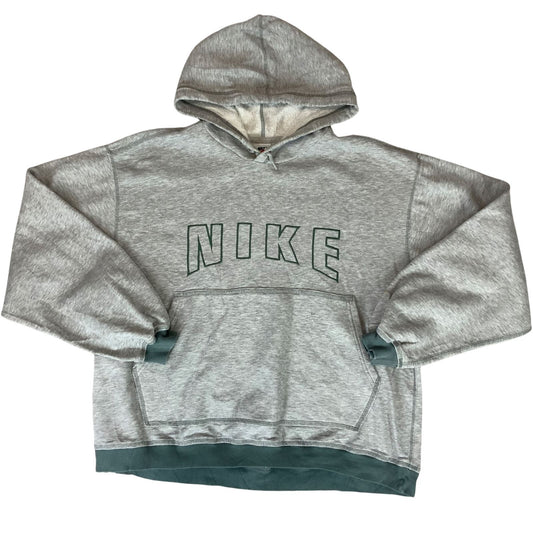 Vintage 90s Heather Grey Green Nike Spellout Embroidered Swoosh Hoodie Jumper XL