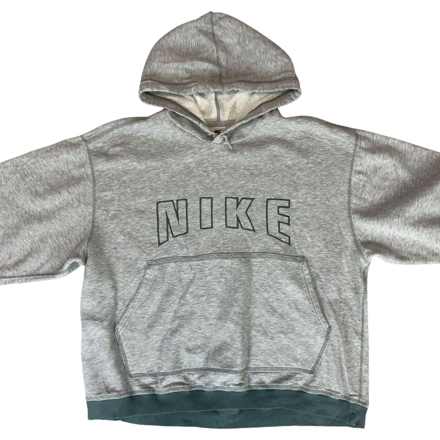 Vintage 90s Heather Grey Green Nike Spellout Embroidered Swoosh Hoodie Jumper XL