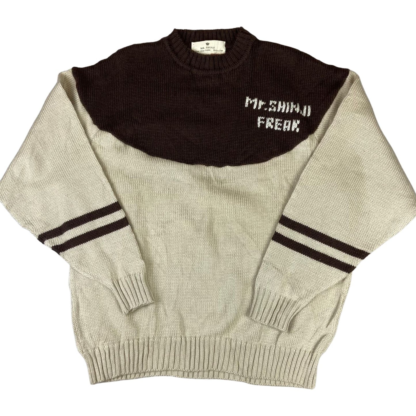 VTG 90s BROWN & BEIGE MR SHINJI FREAK CREW NECK KNIT JUMPER SWEATER JAPAN 42” L