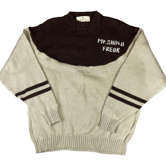 VTG 90s BROWN & BEIGE MR SHINJI FREAK CREW NECK KNIT JUMPER SWEATER JAPAN 42” L