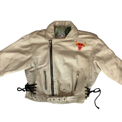 Vintage 90s 00 Cream Chicago Bulls Embroidered Letaher Biker Jacket S M