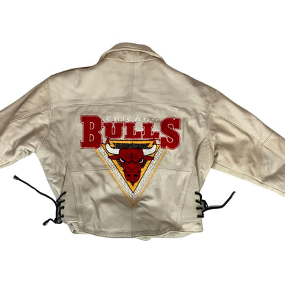 Vintage 90s 00 Cream Chicago Bulls Embroidered Letaher Biker Jacket S M