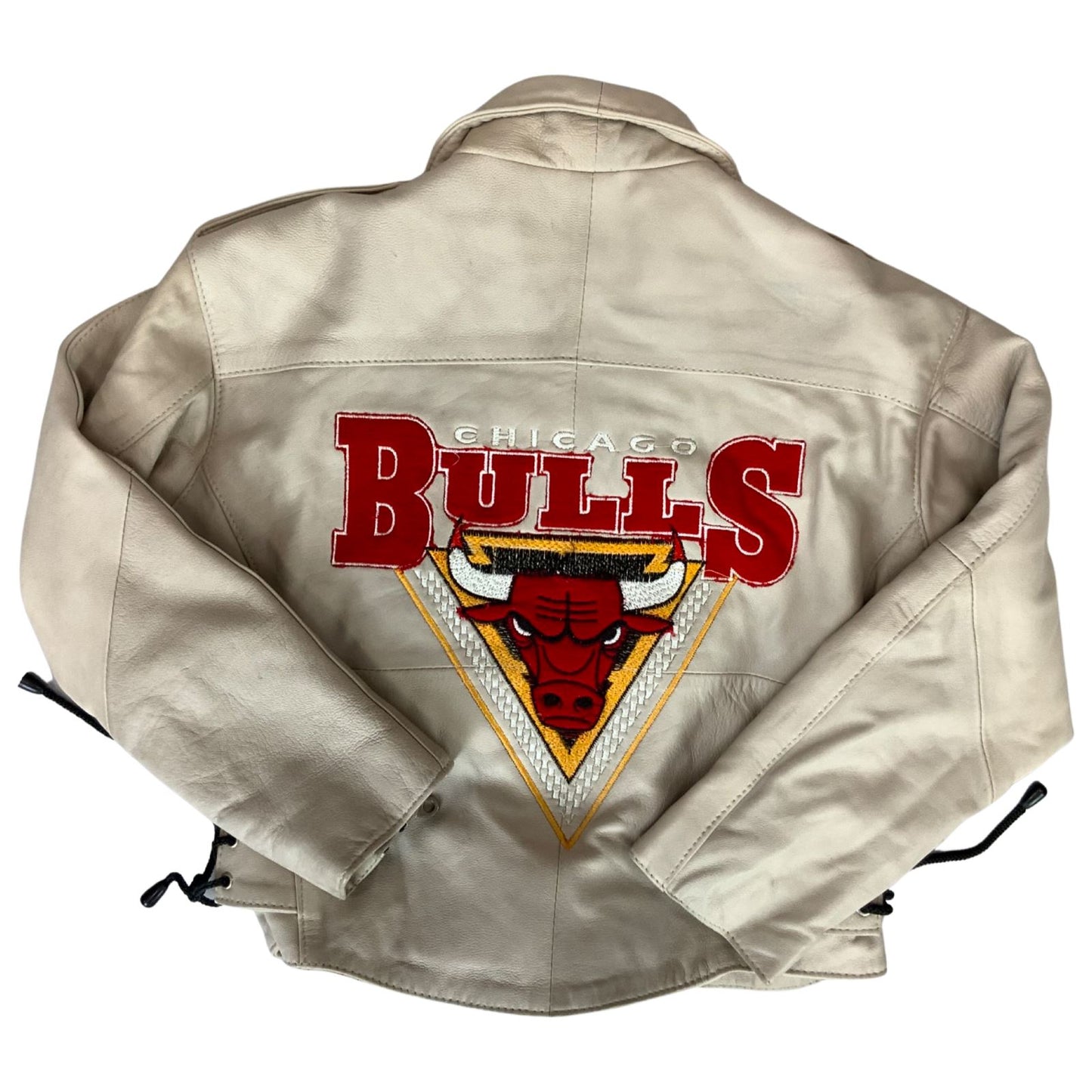 Vintage 90s 00 Cream Chicago Bulls Embroidered Letaher Biker Jacket S M