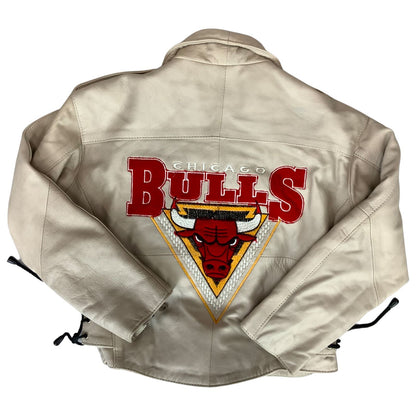 Vintage 90s 00 Cream Chicago Bulls Embroidered Letaher Biker Jacket S M