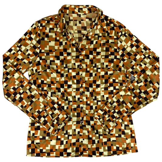 Vintage 90s Orange Brown Geometric Pattern Fitted Button Up Blouse Shirt M 12 14