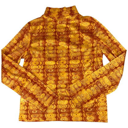 Vintage 90s Orange Geometric Patterned Long Sleeved Turtle Neck Mesh Top