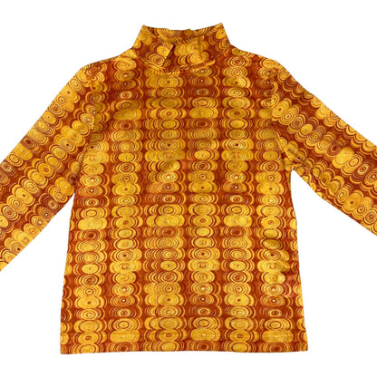 Vintage 90s Orange Geometric Patterned Long Sleeved Turtle Neck Mesh Top