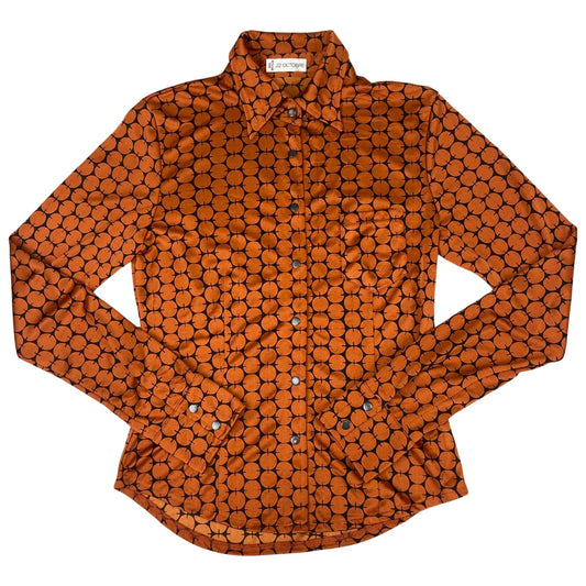 Vintage 90s Orange Black 22 Octobre Patterned Button Up Blouse Shirt Top S 8/10