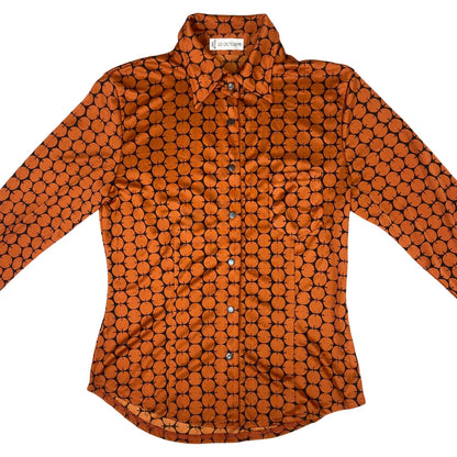 Vintage 90s Orange Black 22 Octobre Patterned Button Up Blouse Shirt Top S 8/10