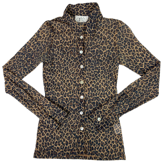 Vintage 90s Brown Black Leopard Print Mesh Party Disco Blouse 8 10 S