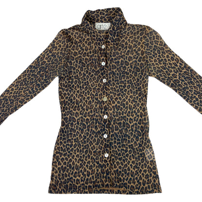Vintage 90s Brown Black Leopard Print Mesh Party Disco Blouse 8 10 S