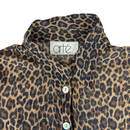 Vintage 90s Brown Black Leopard Print Mesh Party Disco Blouse 8 10 S
