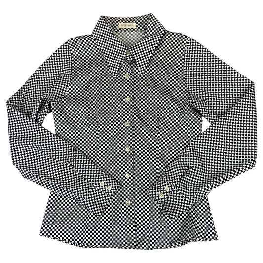 Vintage 90s White Black Overjoyed Chequered Button UP Blouse Shirt Top S 8/10