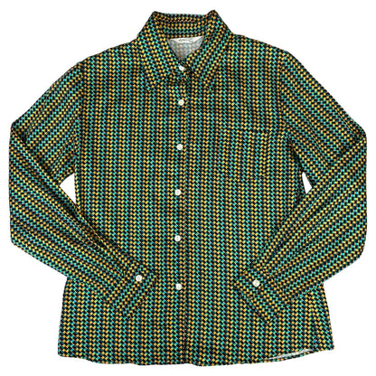 Vintage 90s Green Blue Black Geometric Pattern Fun Blouse 8 10 S