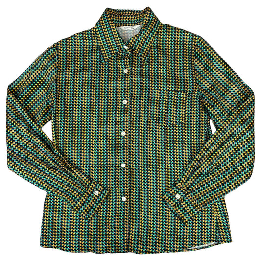 Vintage 90s Green Blue Black Geometric Pattern Fun Blouse 8 10 S